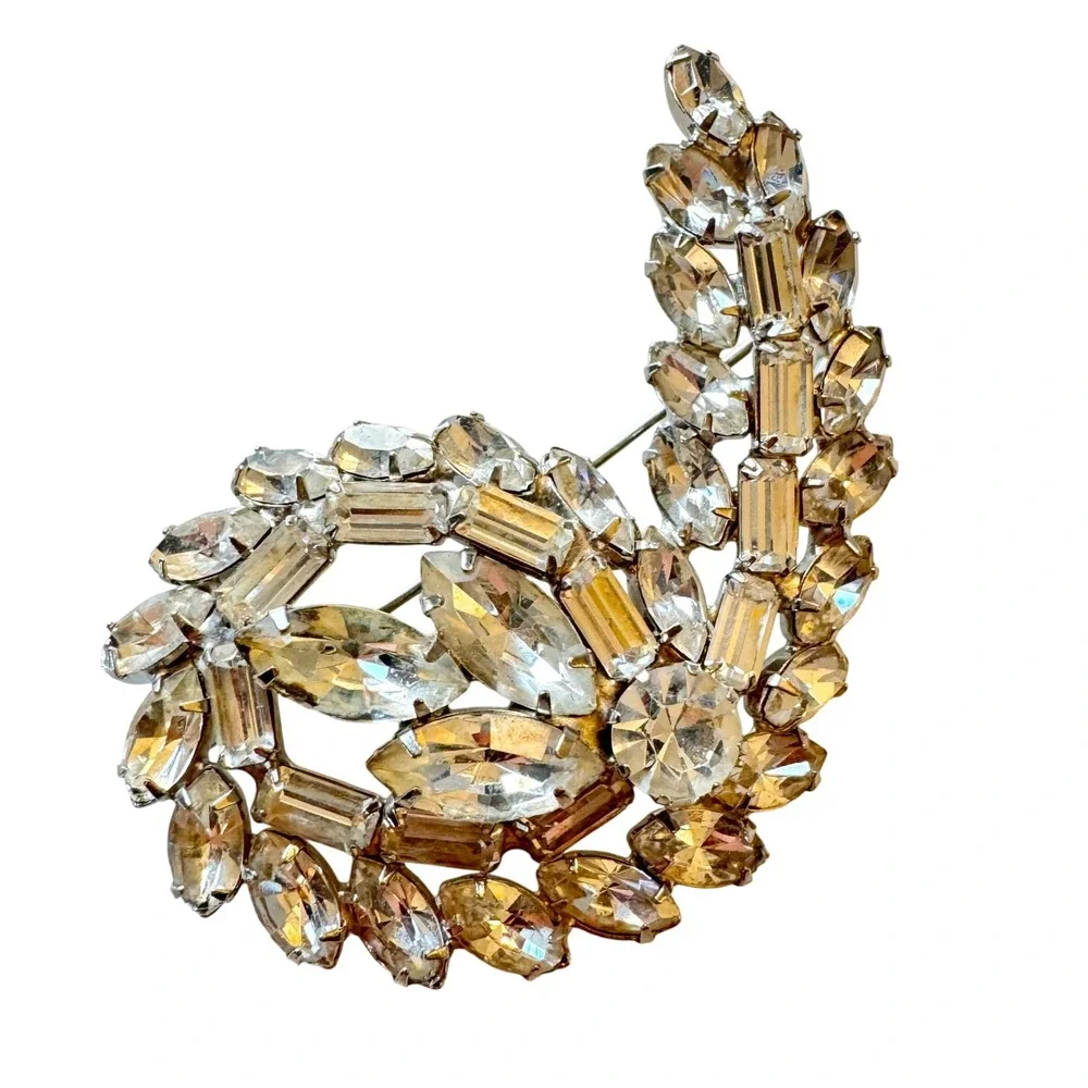 Sparkling Crystal Brooch Pin Rhinestone Floral Leaf‎ Design Silver Tone